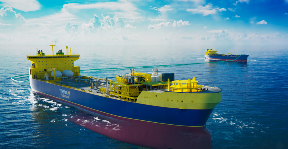 An illustration of an FSIU (in the foreground) receiving cargo from a LCO₂ carrier (in the background).