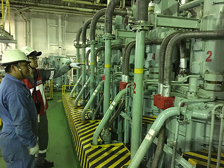 Inspecting the ship's engines.