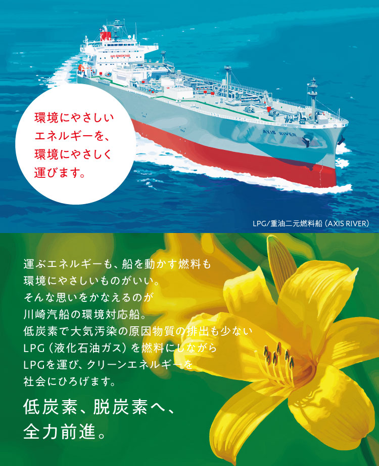 トップ画像、LPG/重油二元燃料船、環境にやさしいエネルギーを、環境にやさしく運びます。
