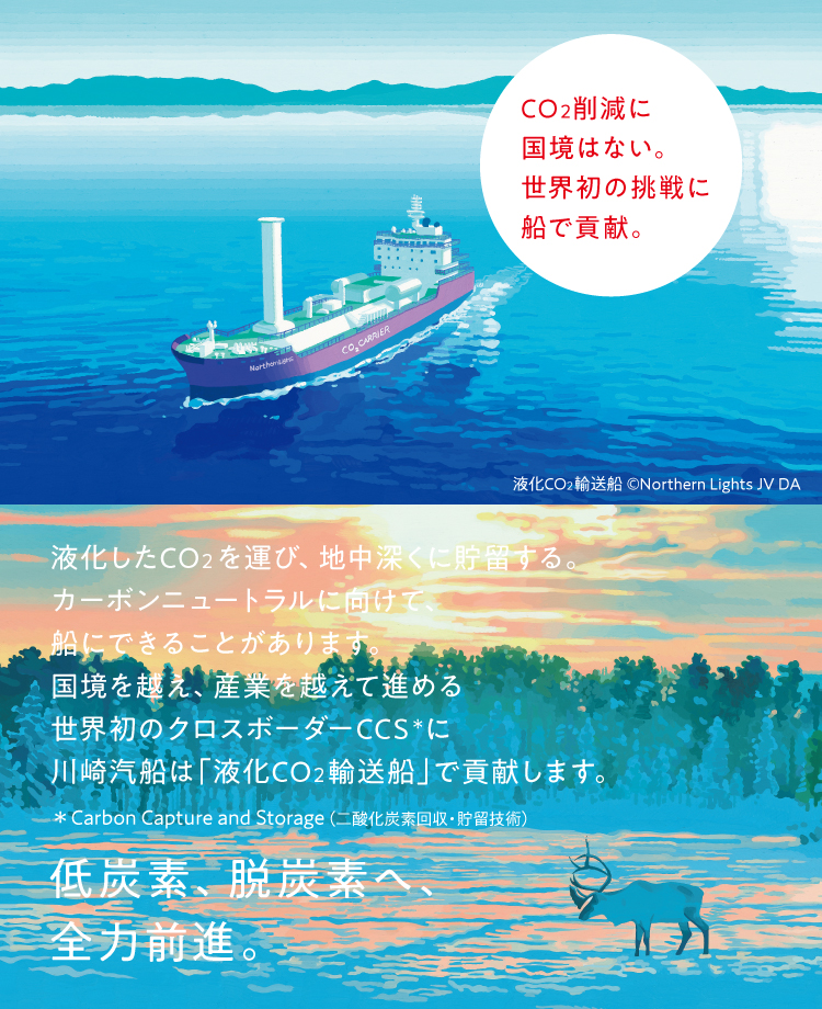 トップ画像、液化CO2輸送船、CO2削減に国境はない。世界初の挑戦に船で貢献