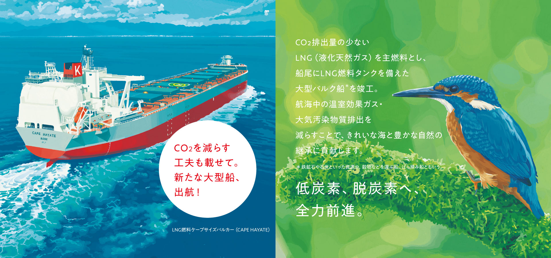 トップ画像、LNG燃料ケープサイズバルカー、CO2を減らす工夫も載せて。新たな大型船、出航！
