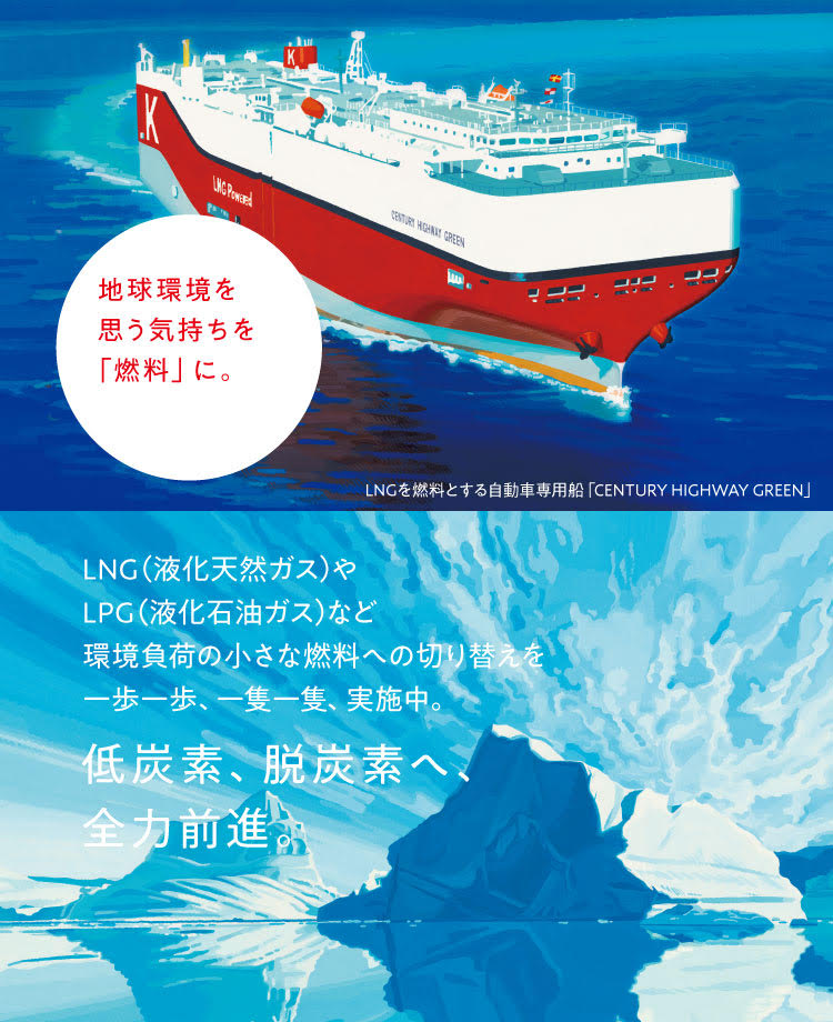 トップ画像、LNGを燃料とする自動車専用船、地球環境を思う気持ちを「燃料」に。