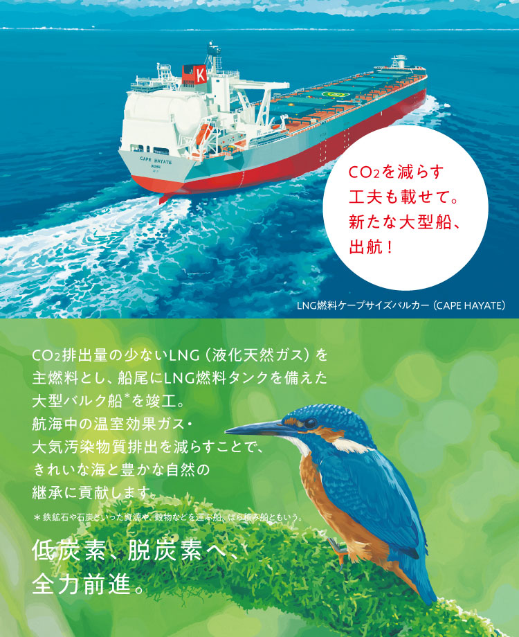 トップ画像、LNG燃料ケープサイズバルカー、CO2を減らす工夫も載せて。新たな大型船、出航！